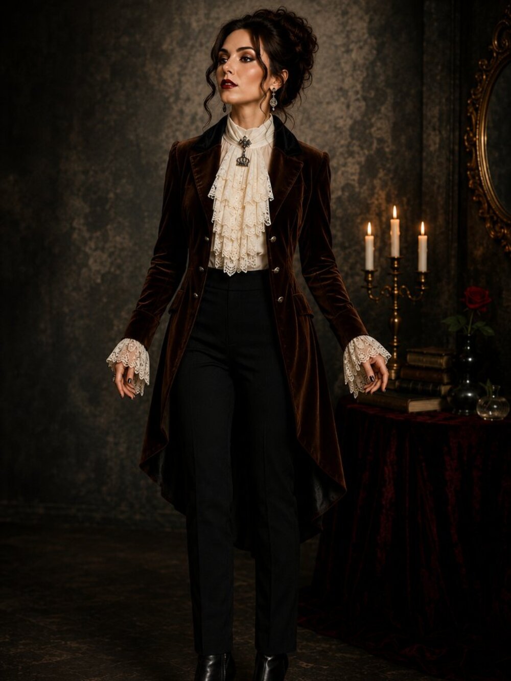HALLOWEEN: Victorian Vampire Costume Brown Velvet Jacket Ivory Lace Shirt Gothic